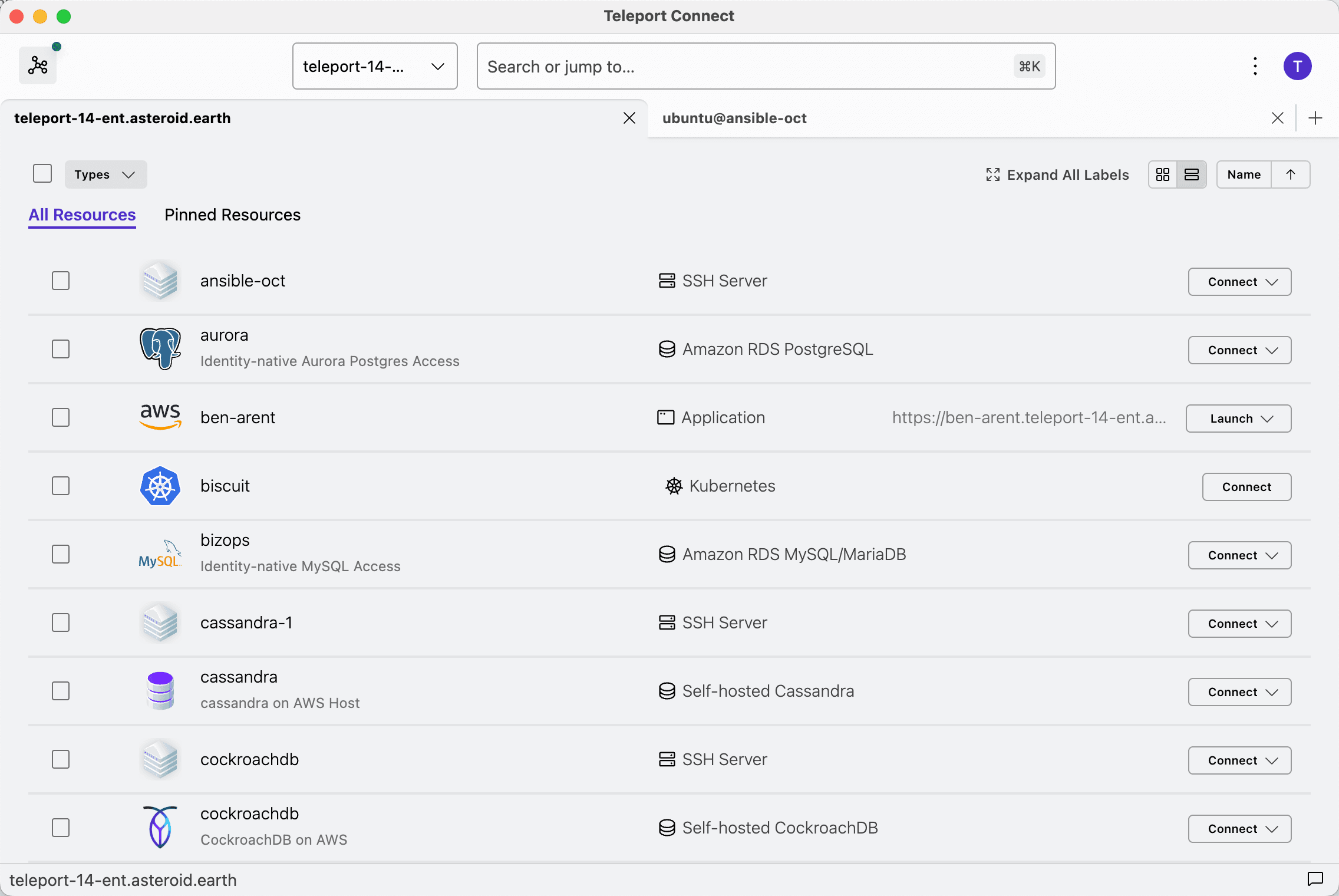 Teleport Connect UI showing resources and connections for a Kubernetes cluster with various database services.