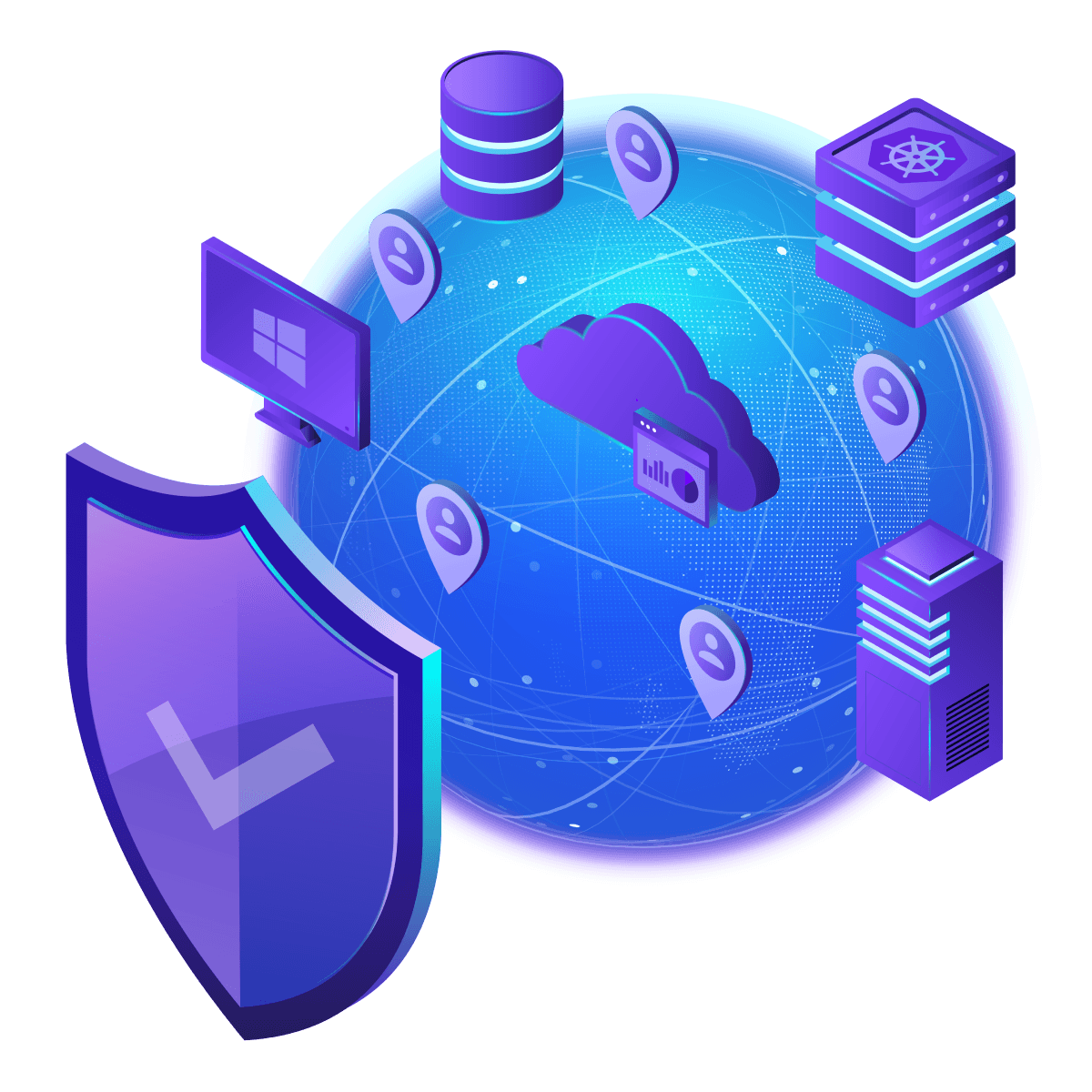 Teleport security infrastructure illustration with shield, cloud, and servers.
