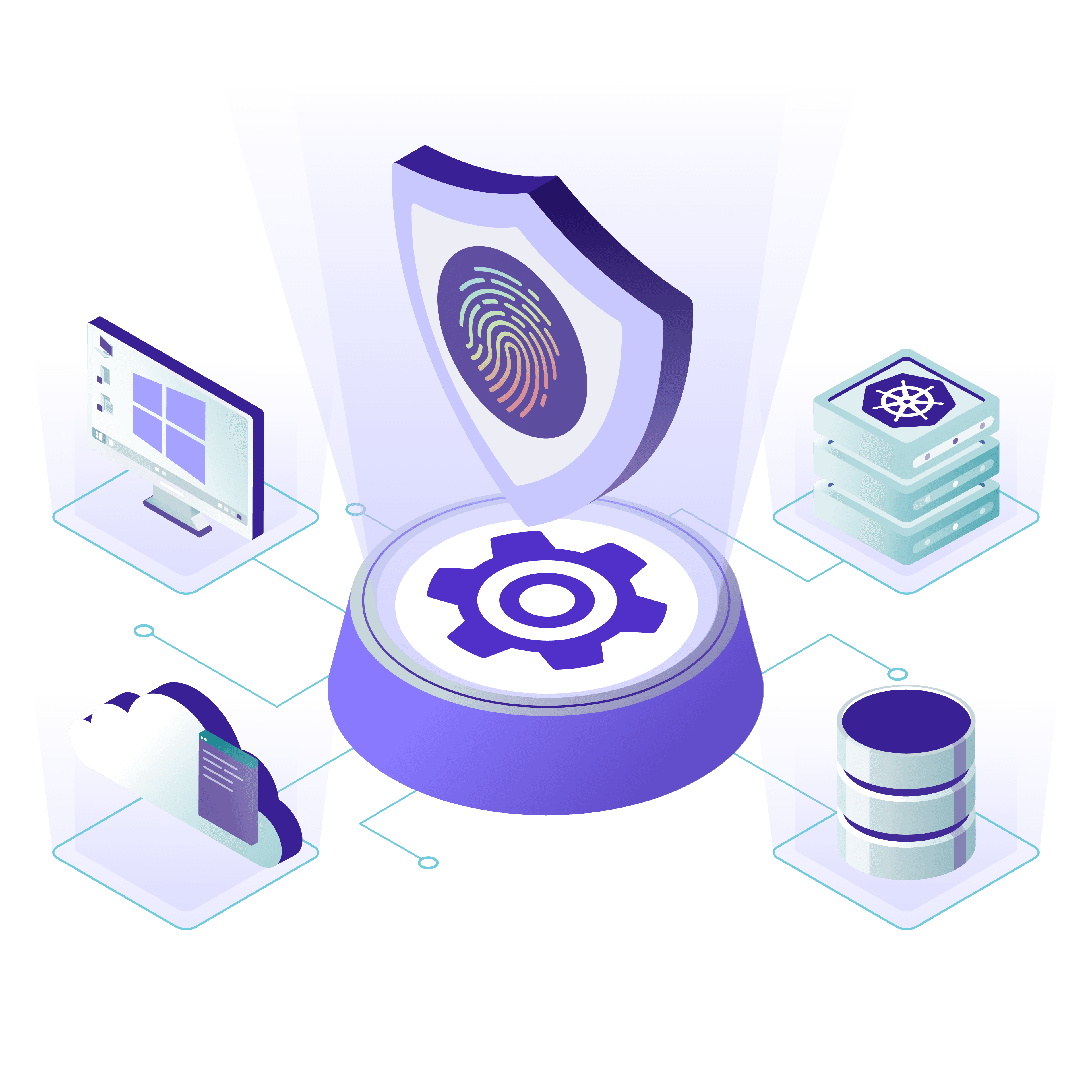 Teleport security key art with shield, gear, and server icons.
