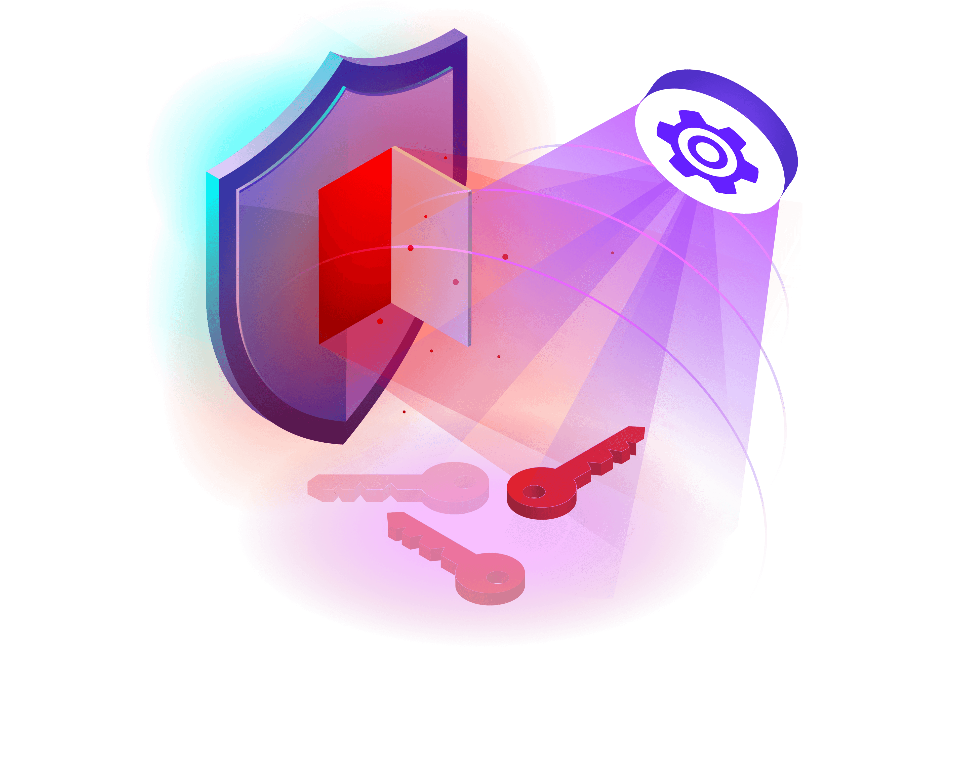Secure access control and key management illustration with shield, keys, and settings gear symbol.