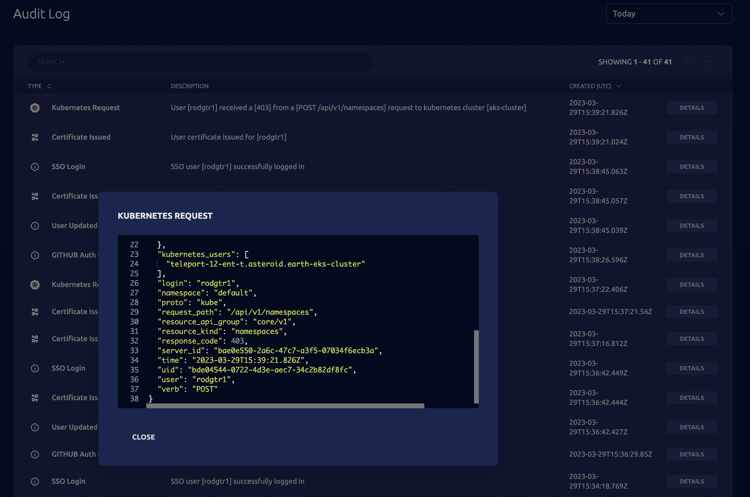 Audit log showing Kubernetes request details with user authentication and response code 403 for namespace creation attempt.