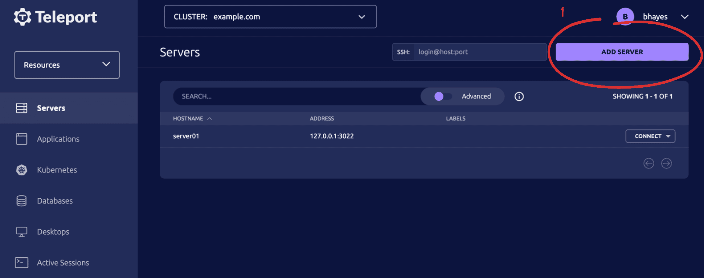 Screenshot: Teleport Servers page with "Add Server" button highlighted