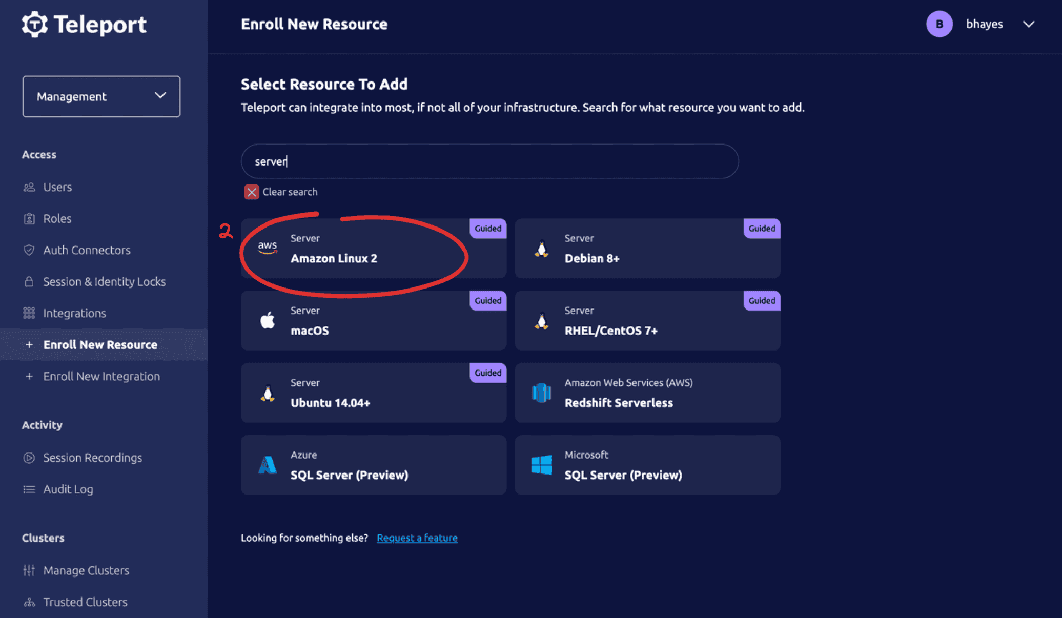 Screenshot: Enroll New Resource page with Amazon Linux 2 server option highlighted