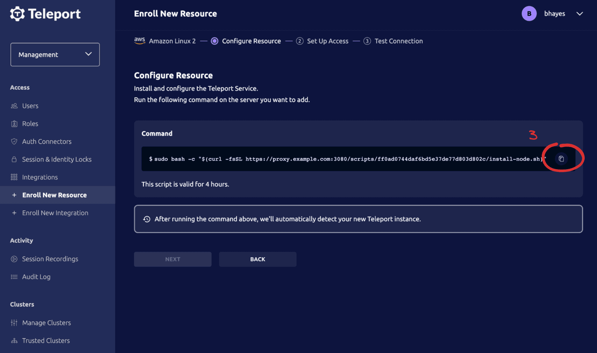 Screenshot: Enroll New Resource page showing install command with copy button highlighted
