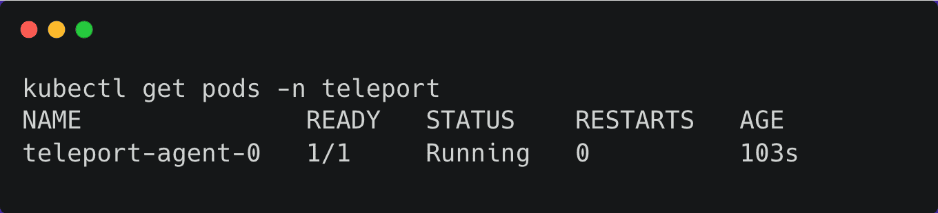 Terminal screenshot: get pods in teleport namespace