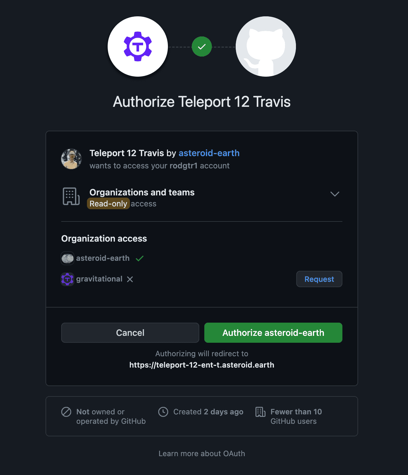 GitHub authorization for Teleport 12 Travis by asteroid-earth.