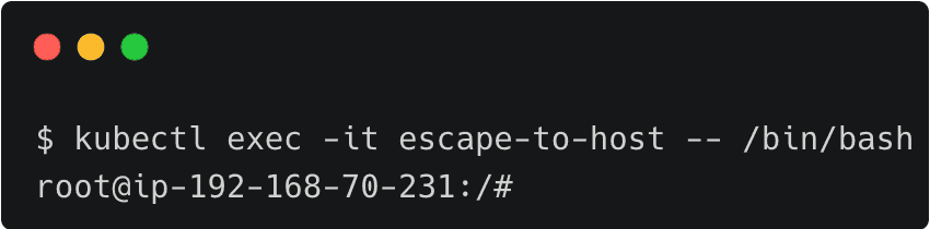 Terminal screenshot: kubectl exec opening a shell in a pod