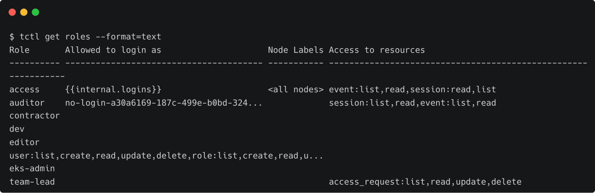 Terminal screenshot: tctl get roles listing Teleport RBAC roles