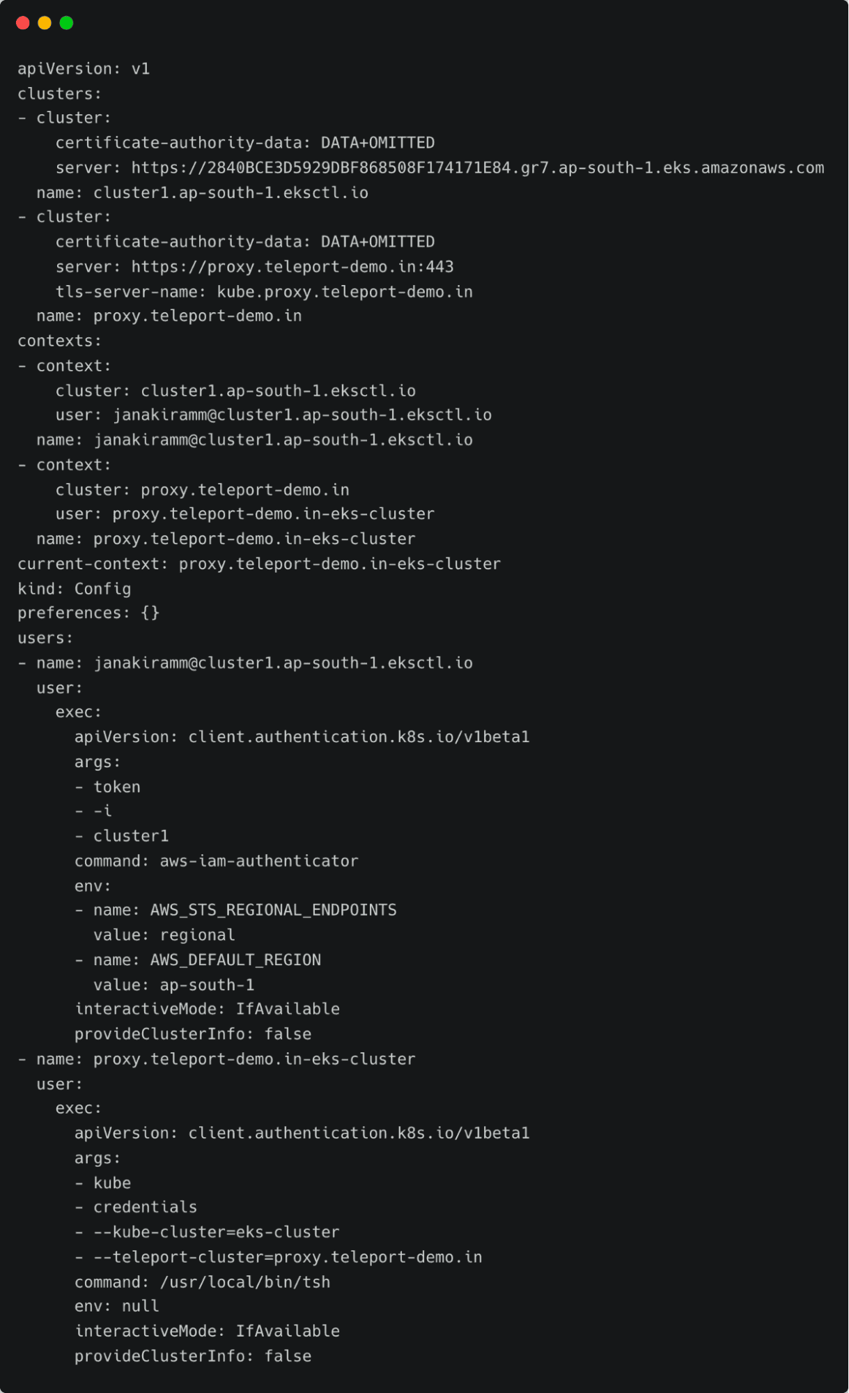 kubectl configuration for Amazon EKS clusters with Teleport integration