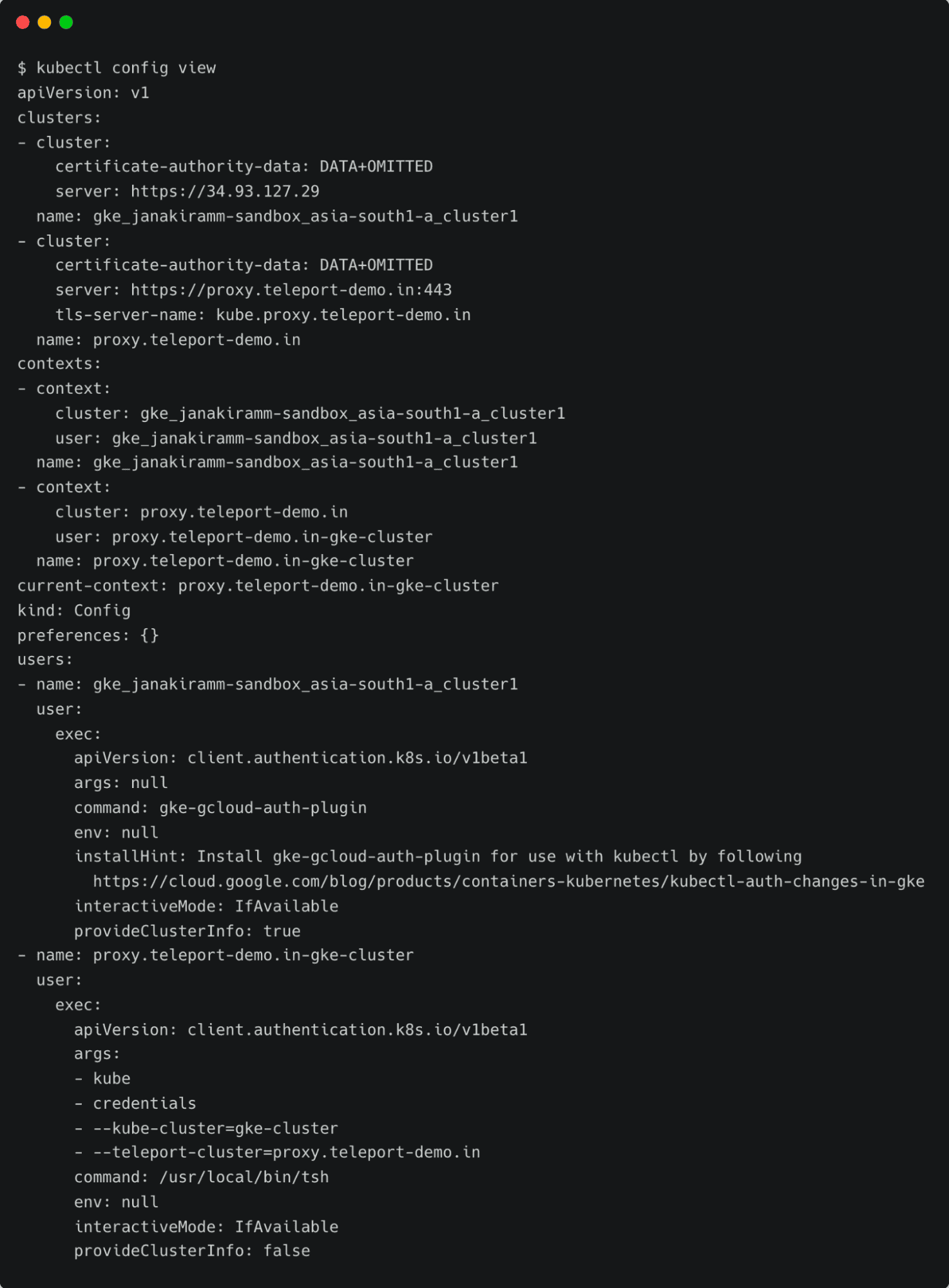 kubectl config view output showing Kubernetes cluster and user configurations with Teleport integration details.