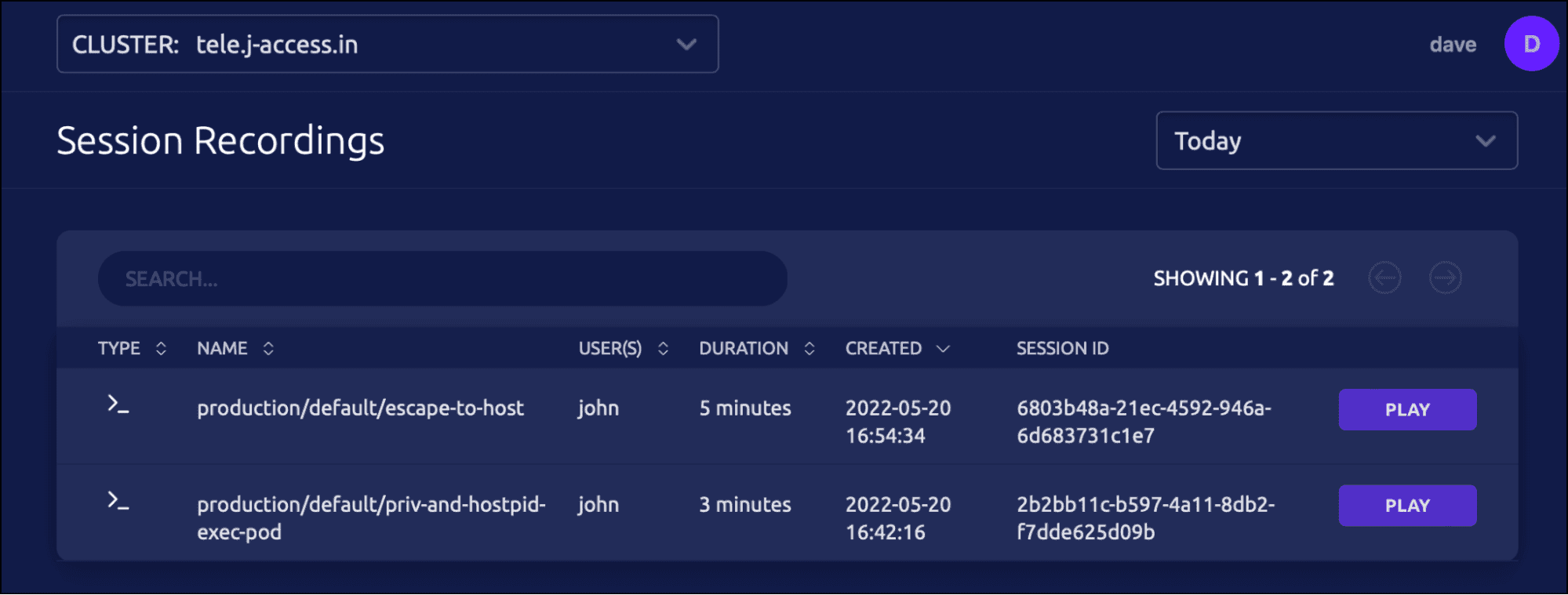 Terminal screenshot: Teleport events log showing a kube.request entry