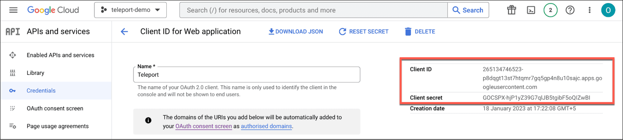 Google Cloud API credentials page showing client ID and secret for a web application named "Teleport".