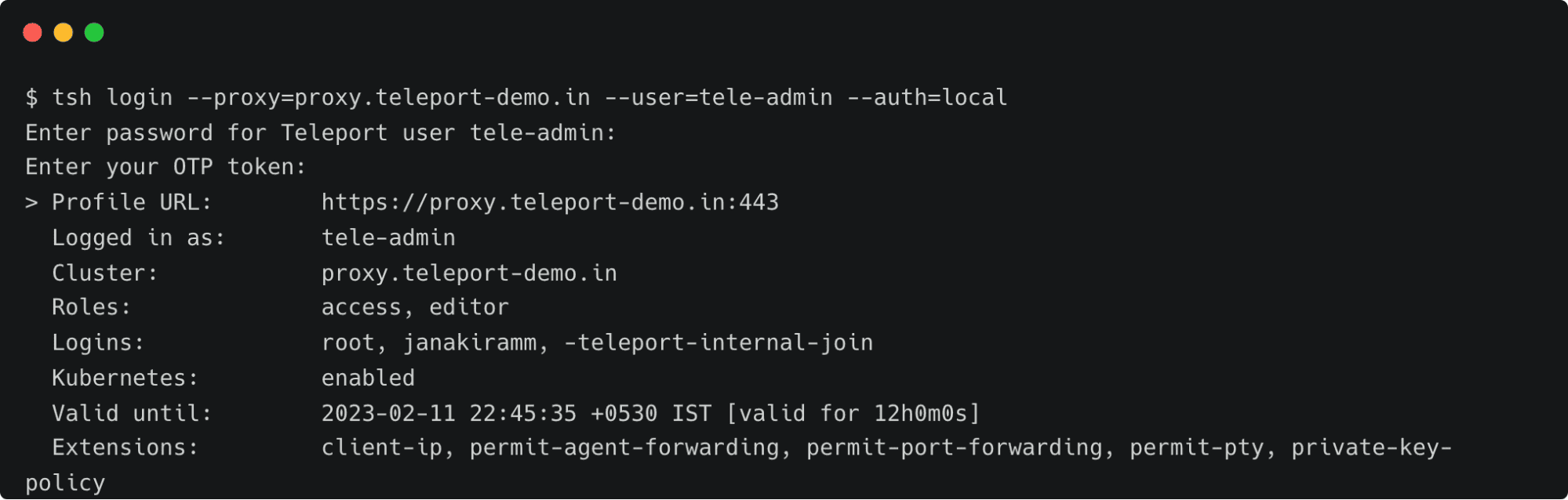 Teleport login interface showing user credentials and profile details.