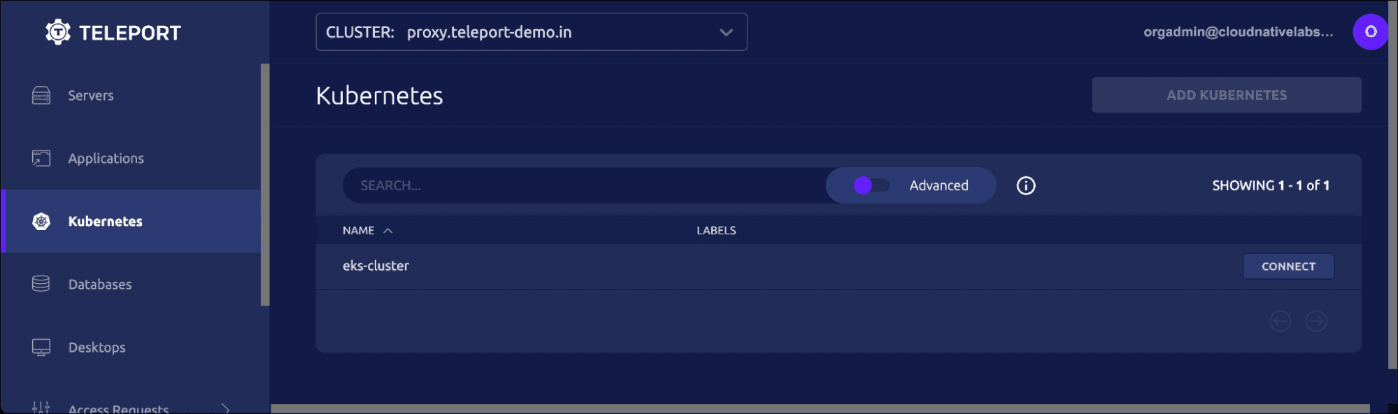 Teleport Kubernetes dashboard showing cluster selection and connection options for eks-cluster.