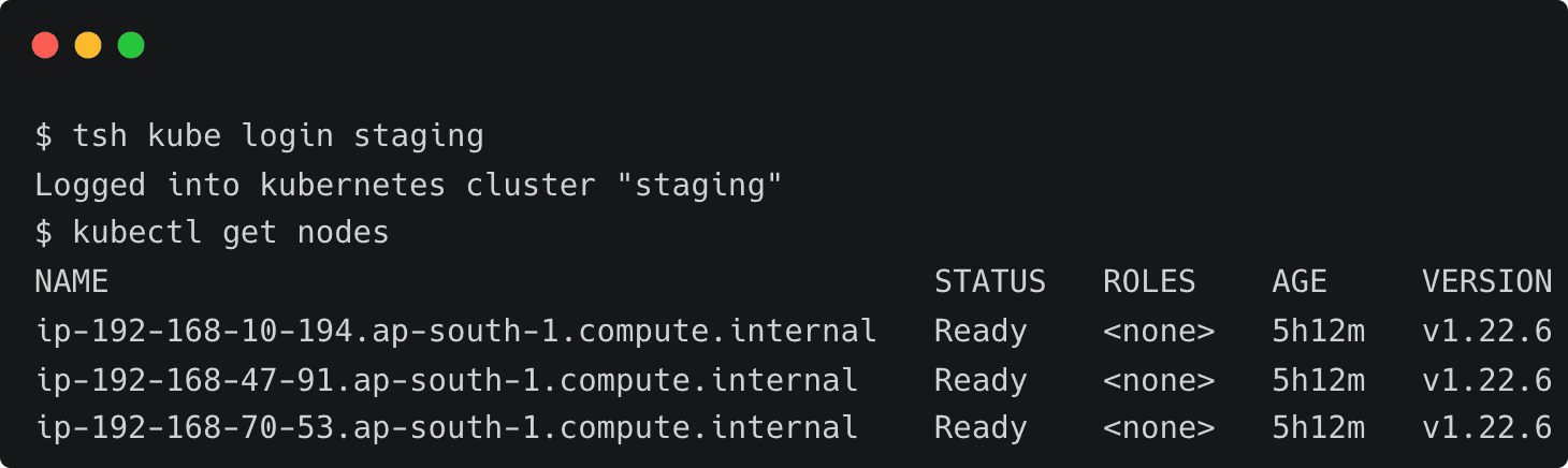 Terminal screenshot: tsh kube login to staging and kubectl get nodes