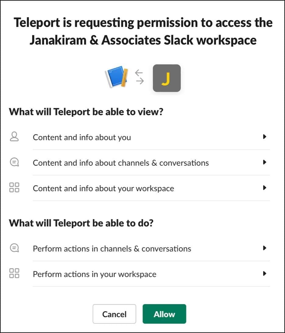 Slack dialog requesting permission for Teleport workspace access