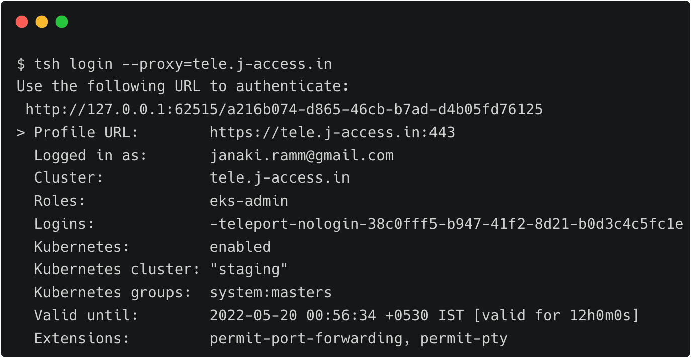 Terminal screenshot of tsh login --proxy=tele.j-access.in, showing a successful login with user profile details.