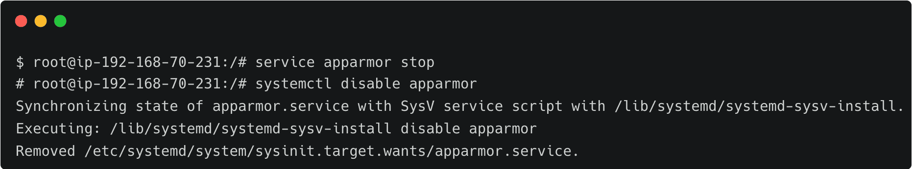 Terminal screenshot showing commands to stop and disable the AppArmor service