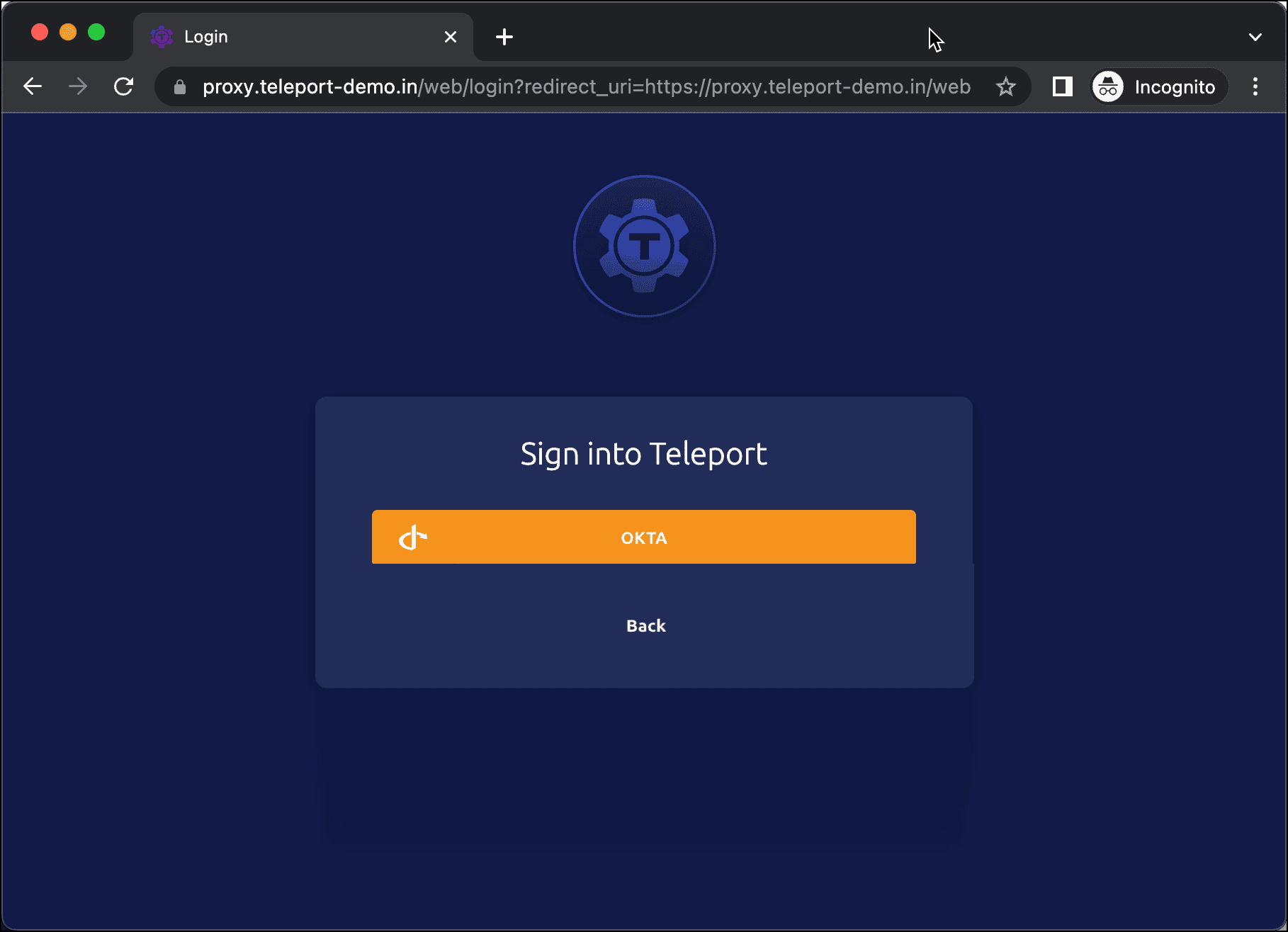 Teleport login screen with OKTA button and "Sign into Teleport" prompt.