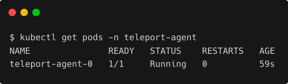 kubectl command output showing pod status in Kubernetes cluster for Teleport agent namespace