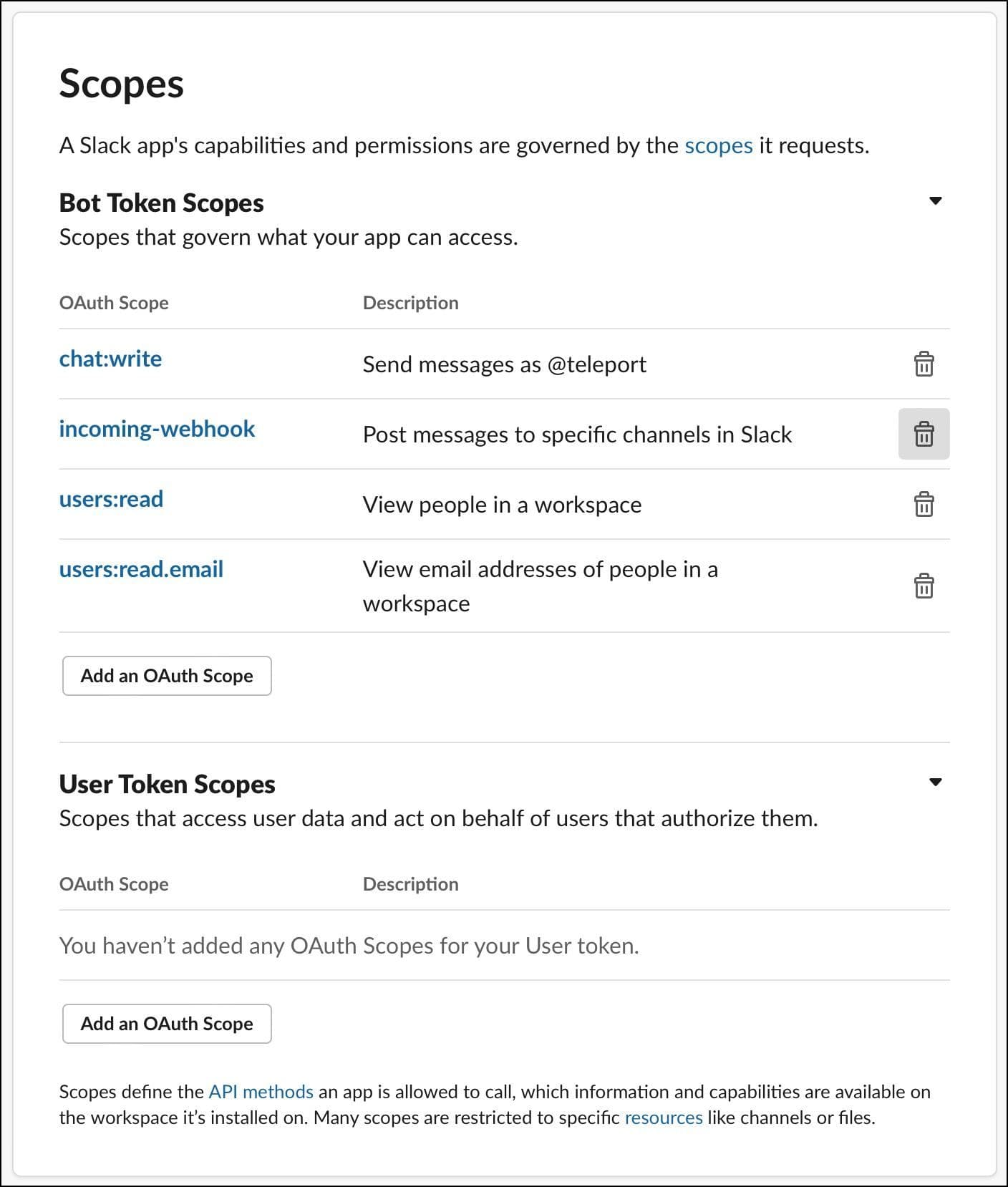 Screenshot: Slack app OAuth Scopes configuration page