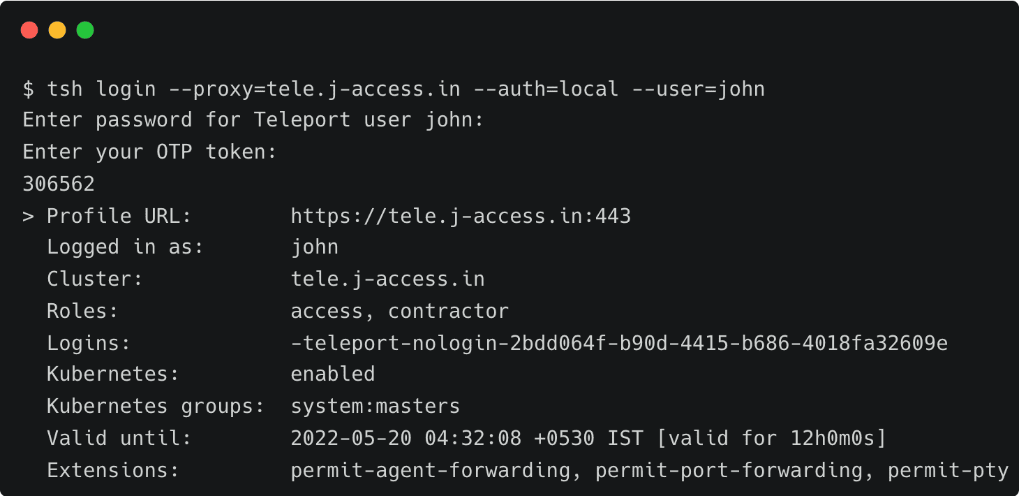 Terminal screenshot: tsh login with password and OTP authentication