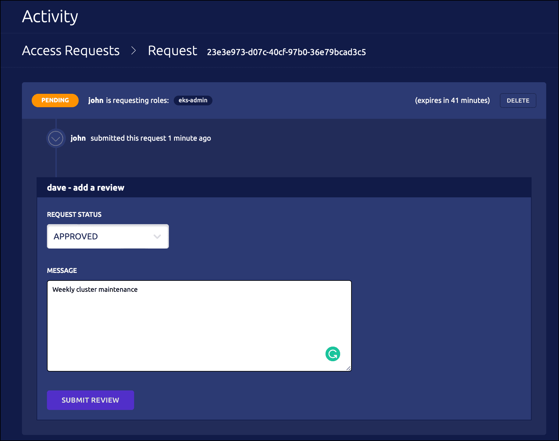 Screenshot: Access Requests page showing eks-admin request approved