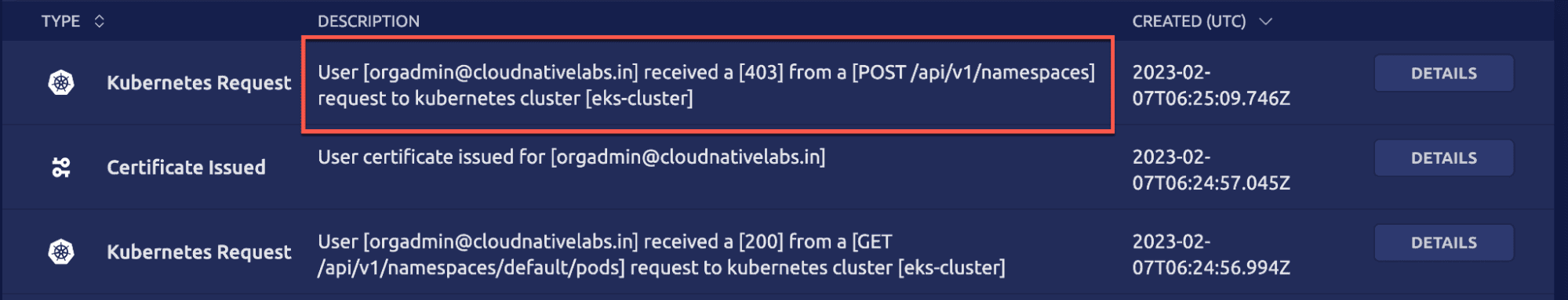 Teleport Kubernetes request log entry showing failed namespace creation attempt with 403 error for user orgadmin@cloudnativelabs.in on eks-cluster.