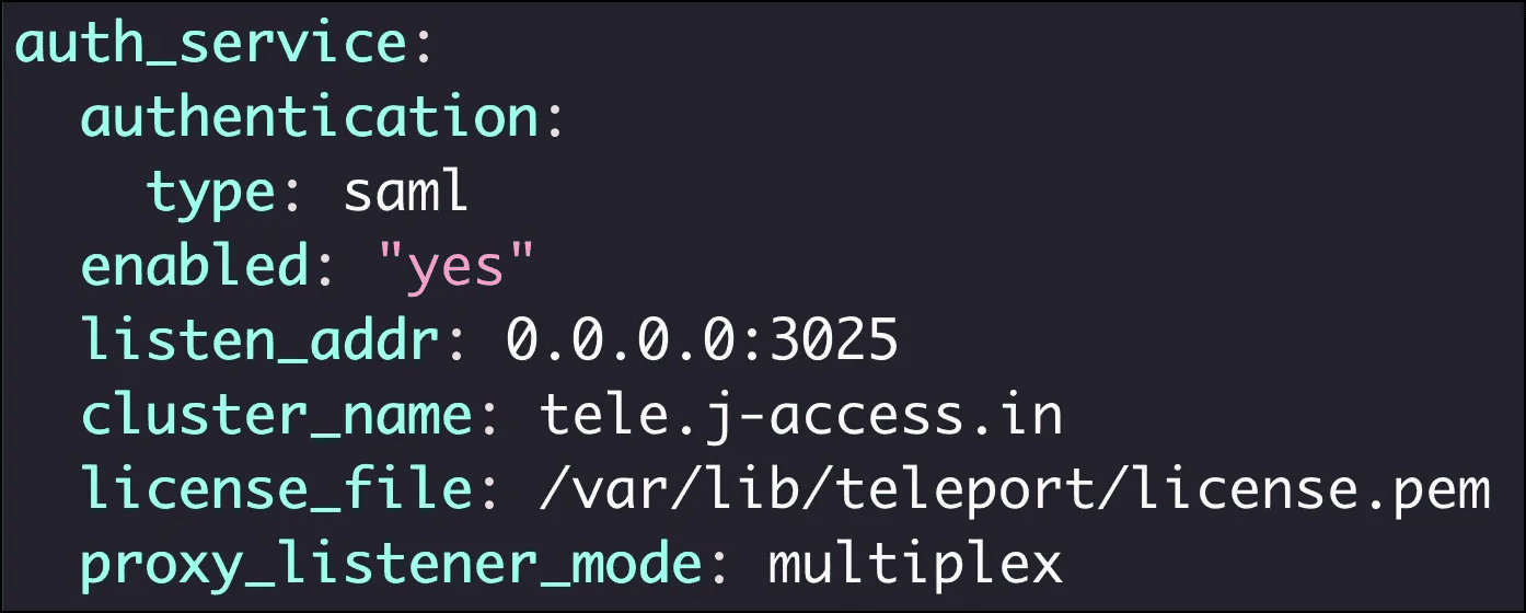 Code snippet: Teleport auth_service YAML config with SAML settings