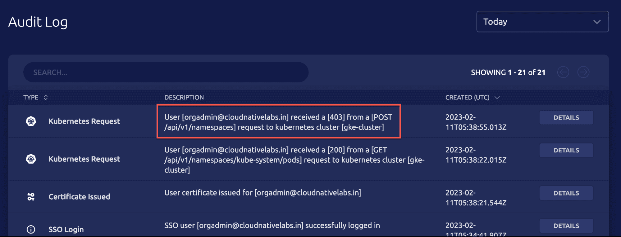 Teleport Audit Log showing Kubernetes request details with user authentication and cluster access information.