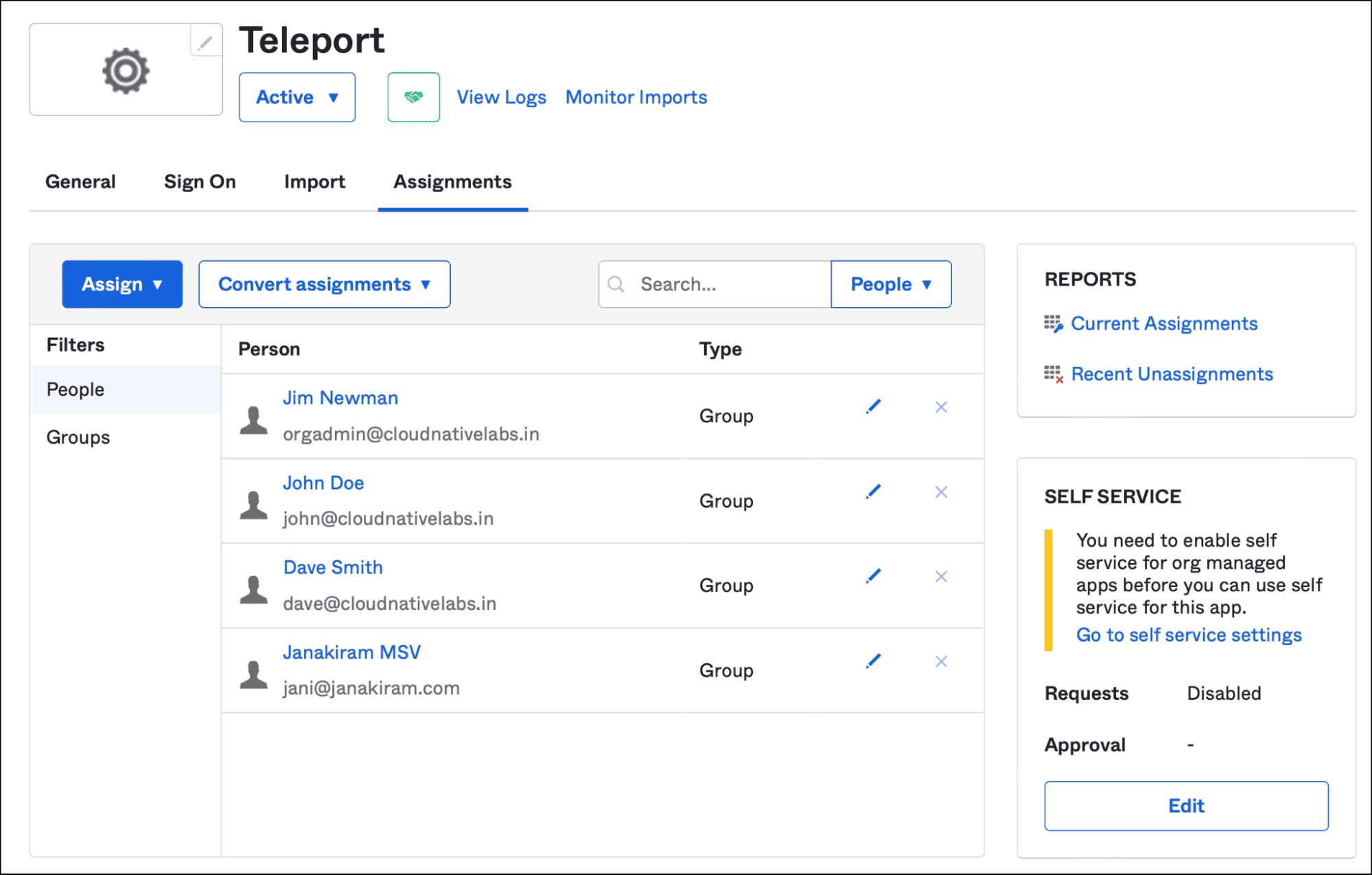 UI of Okta group assignment management window.