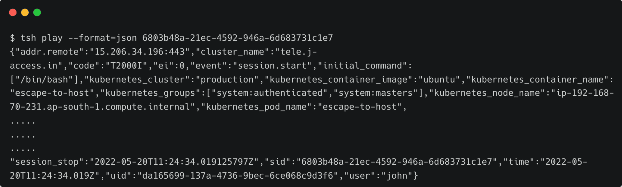 Terminal screenshot: tsh play showing JSON session recording output