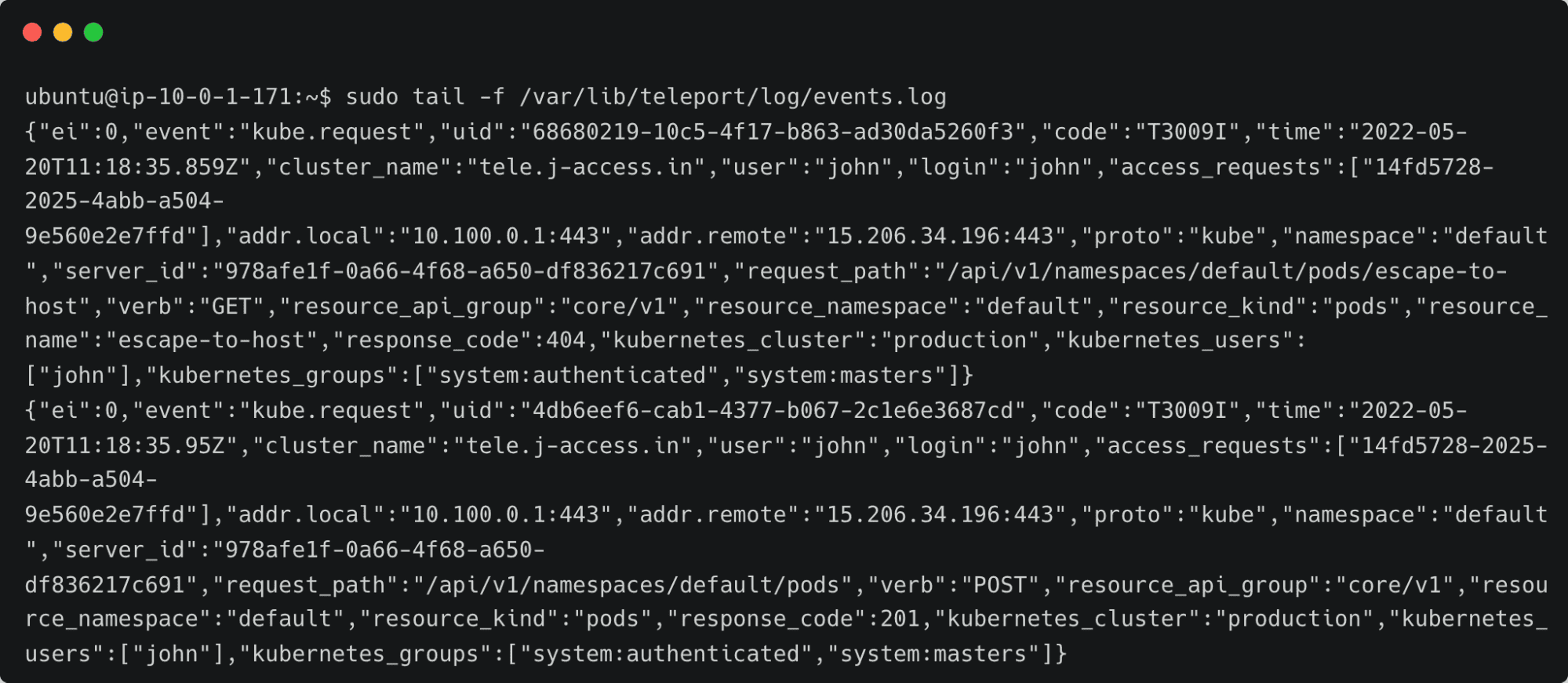 Terminal screenshot: Teleport events log showing a kube.request entry