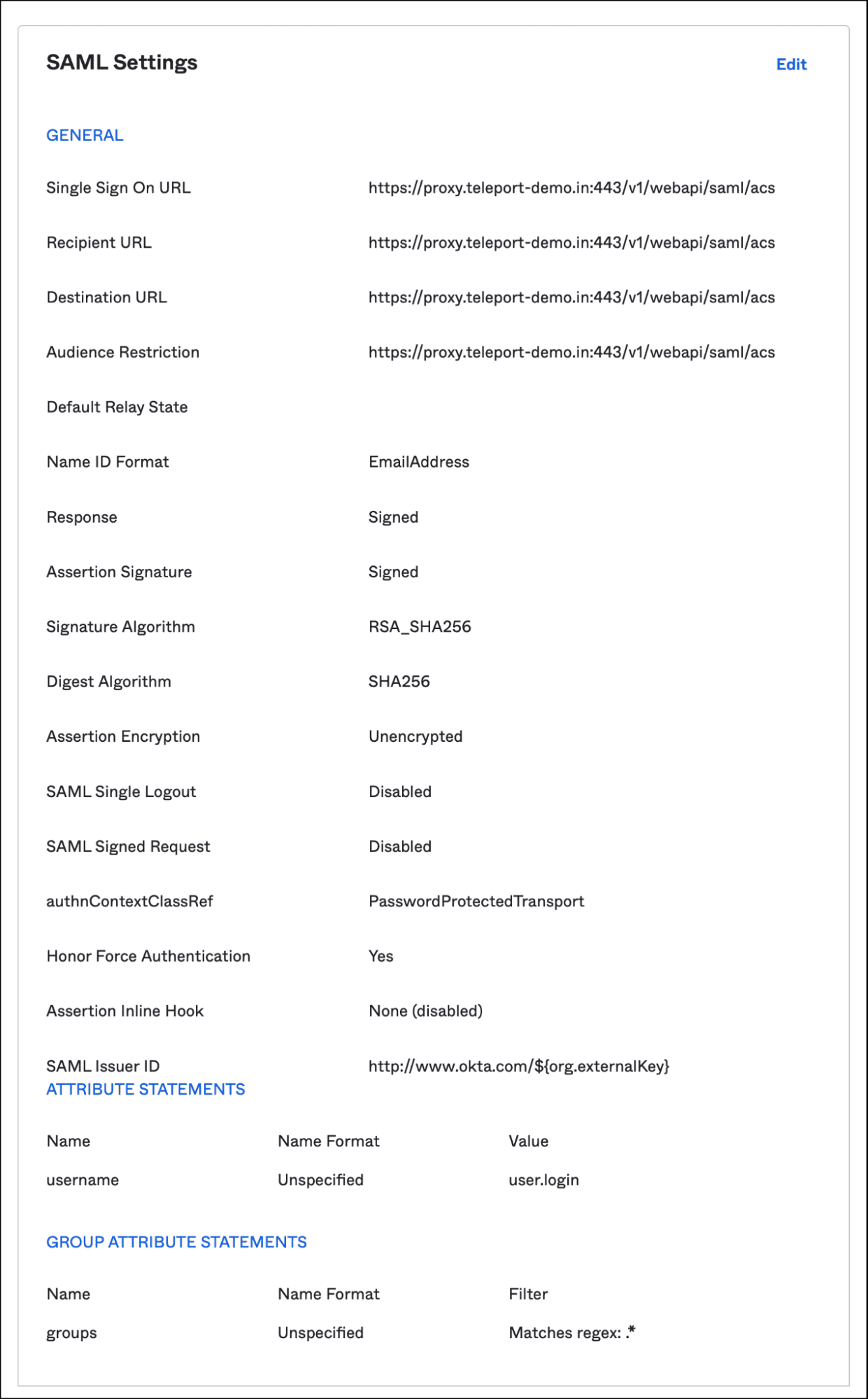 UI of the SAML settings that associate Teleport API endpoints and Okta user/group attributes.
