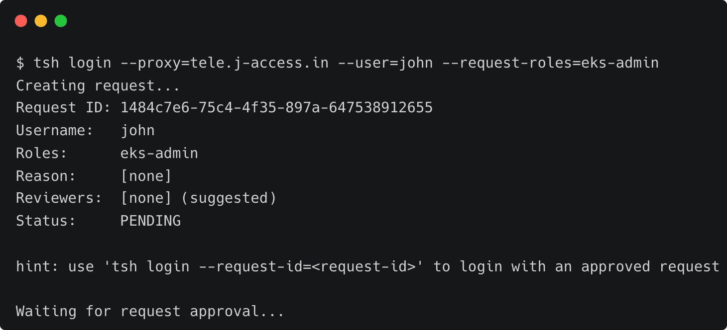 Terminal screenshot: access request created, status pending approval