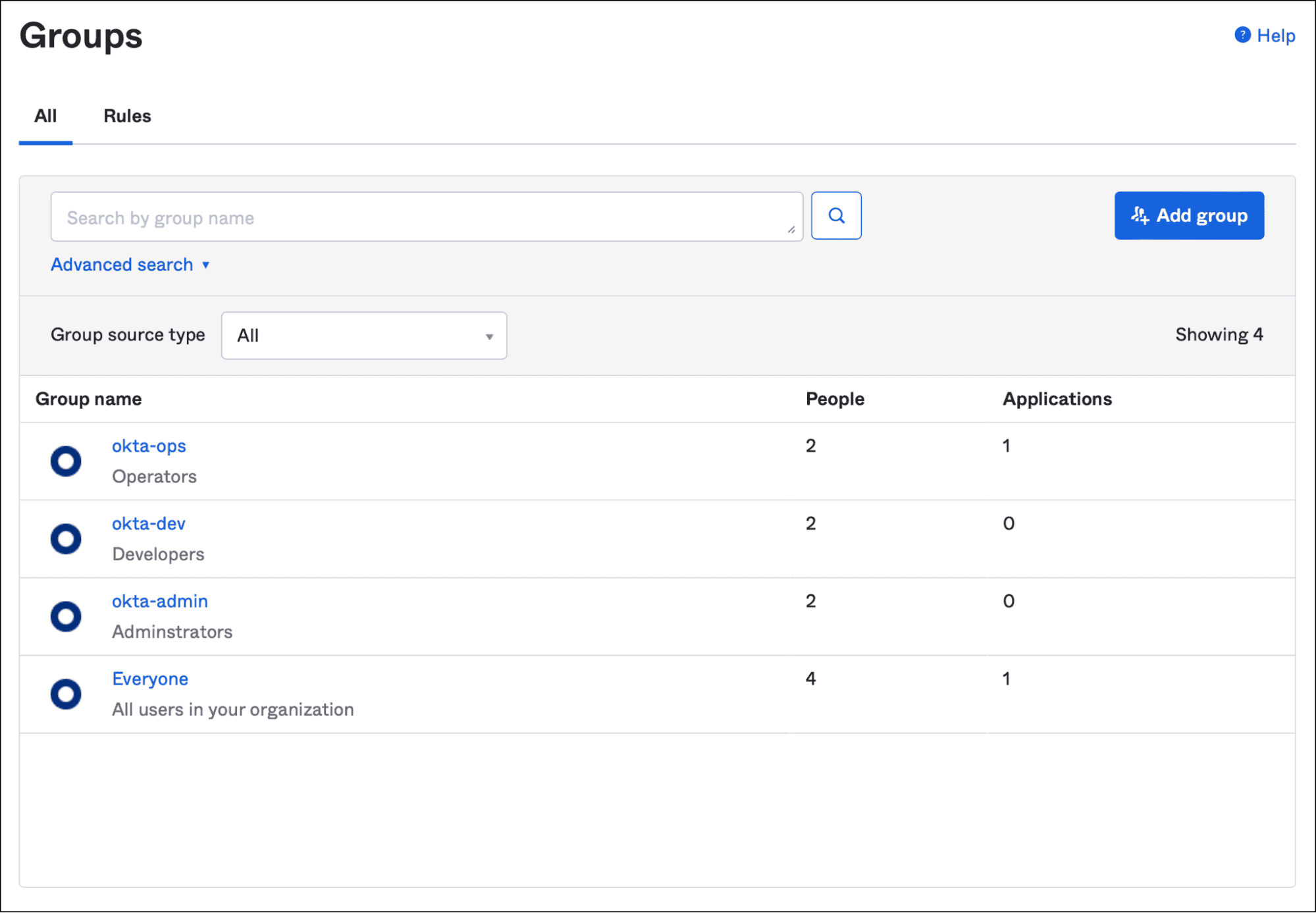 UI of the Okta groups management window.