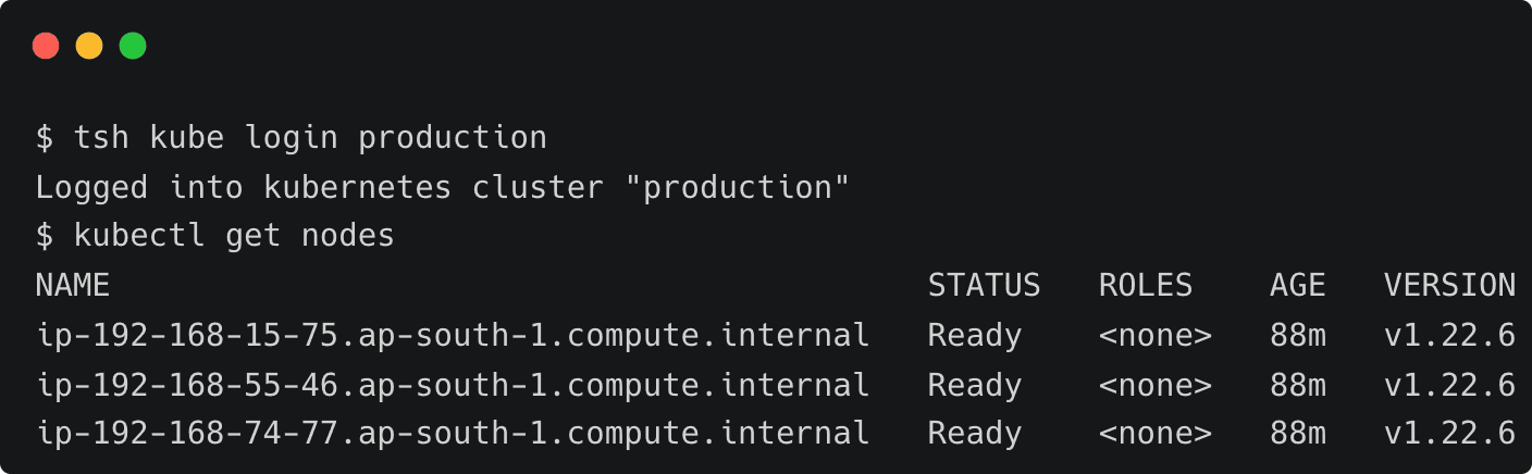 Terminal screenshot: tsh kube login and kubectl get nodes output
