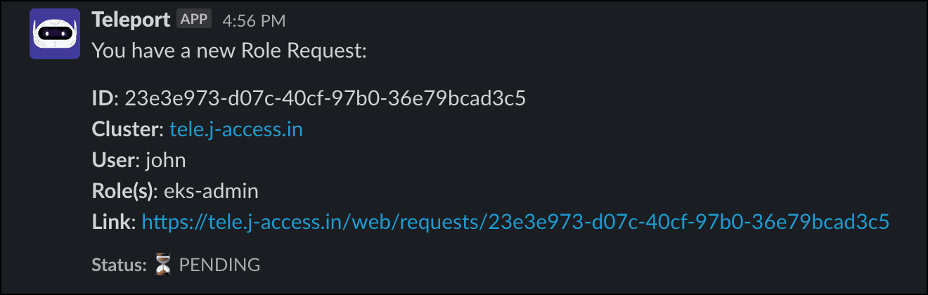 Slack message: role request notification for eks-admin, status pending