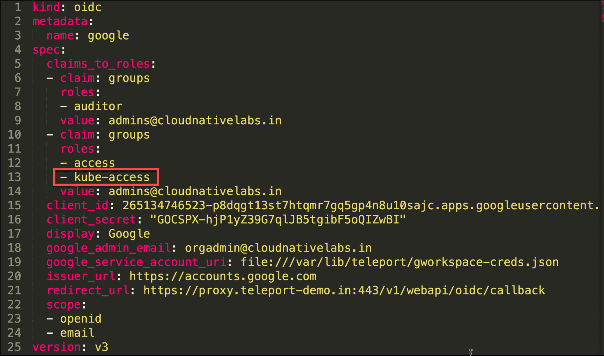YAML configuration for Kubernetes access control using Google OIDC authentication.