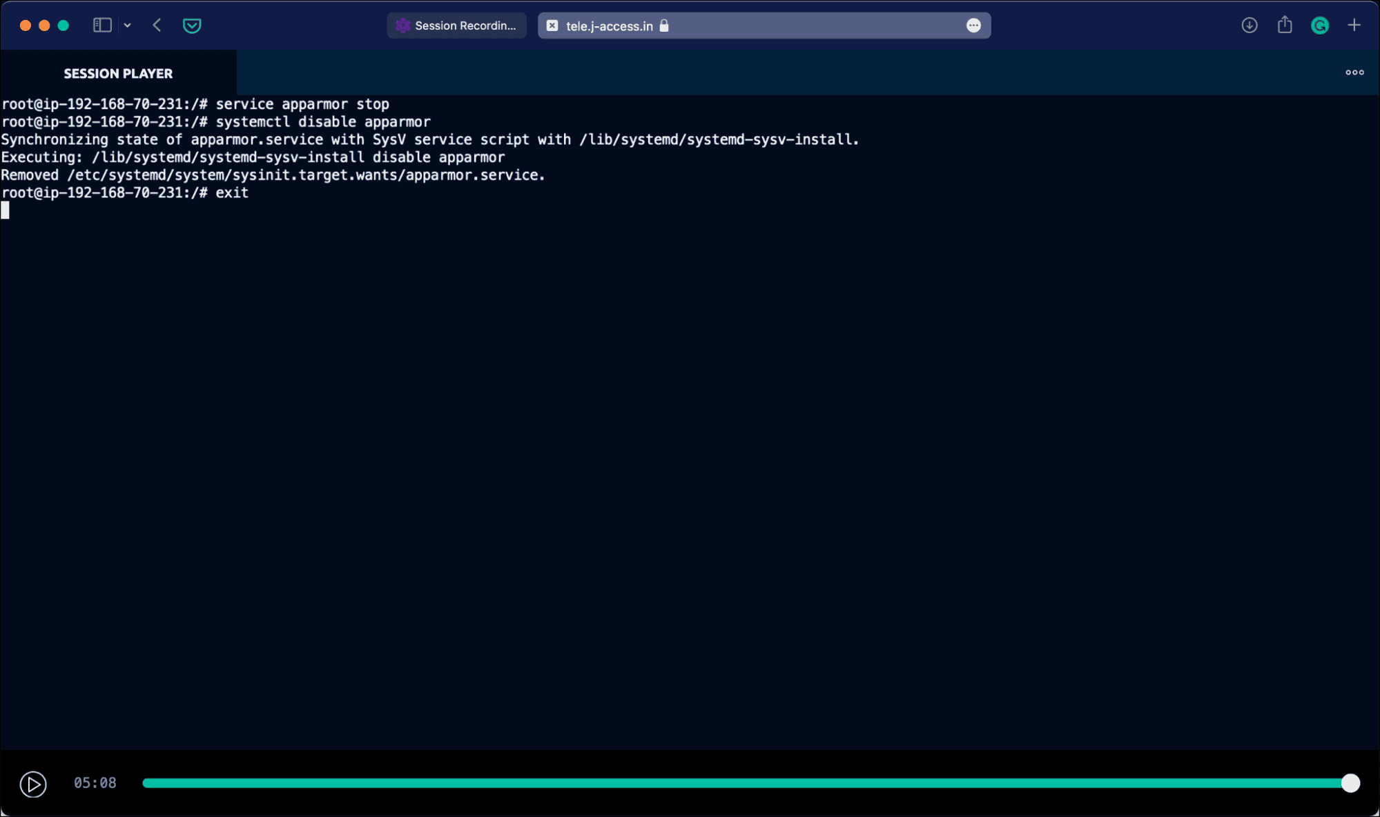 Terminal screenshot: Teleport events log showing a kube.request entry