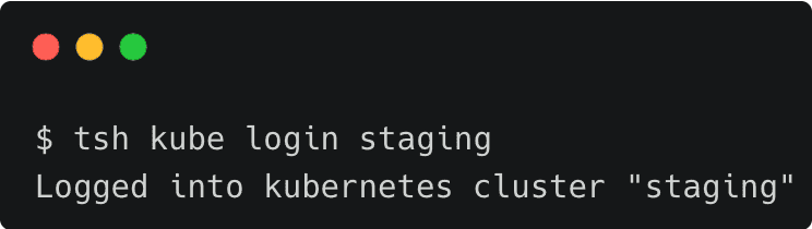 Terminal screenshot: tsh kube login to staging cluster