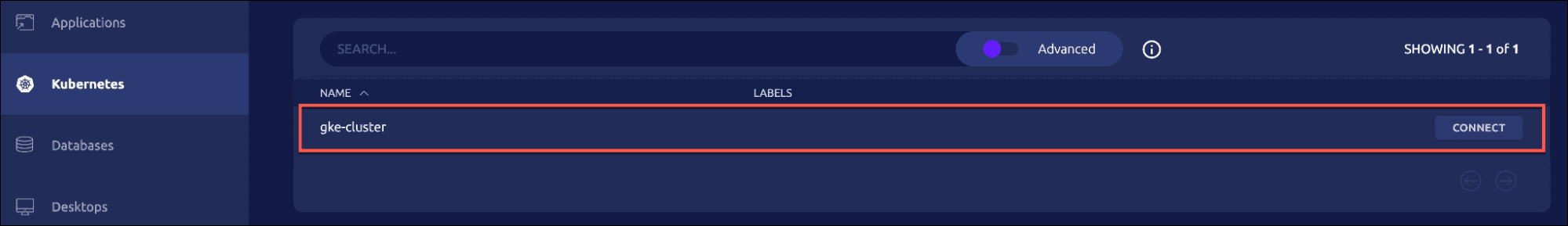 Teleport Kubernetes dashboard showing a GKE cluster named "gke-cluster" with a Connect button highlighted.