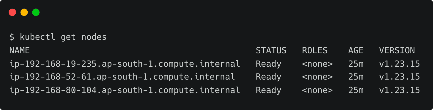 kubectl command output showing Kubernetes nodes with status and version details