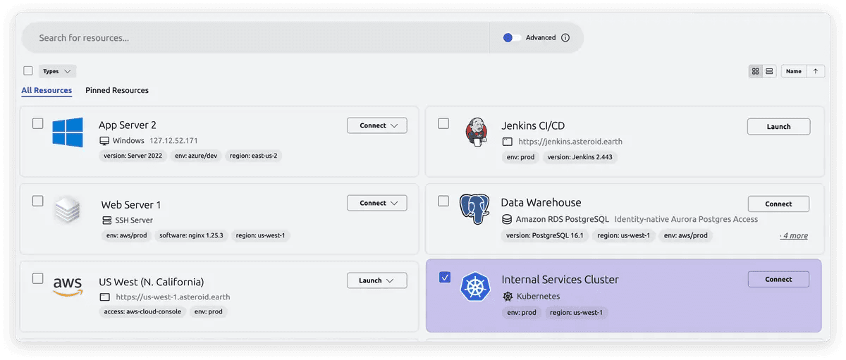 Screenshot: Teleport resource browser listing connected servers and clusters