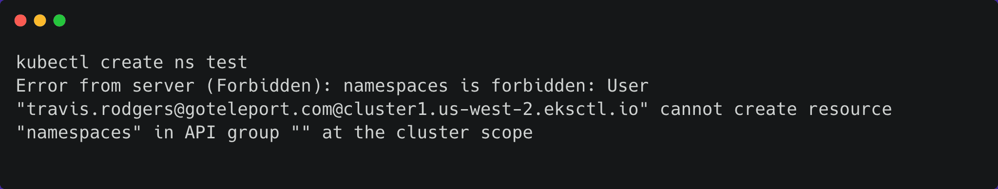 Terminal screenshot: failed kubectl create namespace command