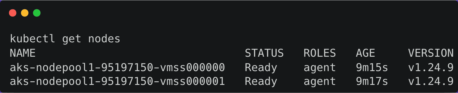 kubectl-get-nodes output showing Kubernetes nodes with status, roles, age, and version details.