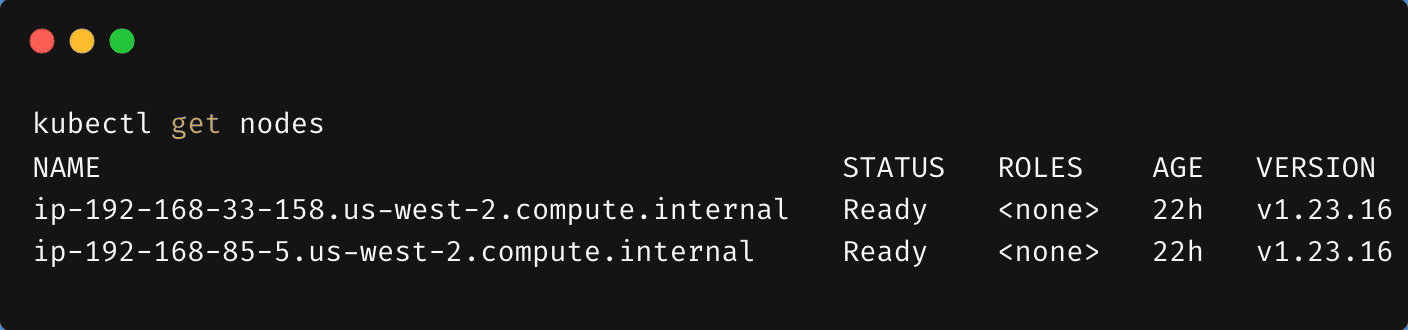 Terminal screenshot: kubectl get nodes on Amazon EKS