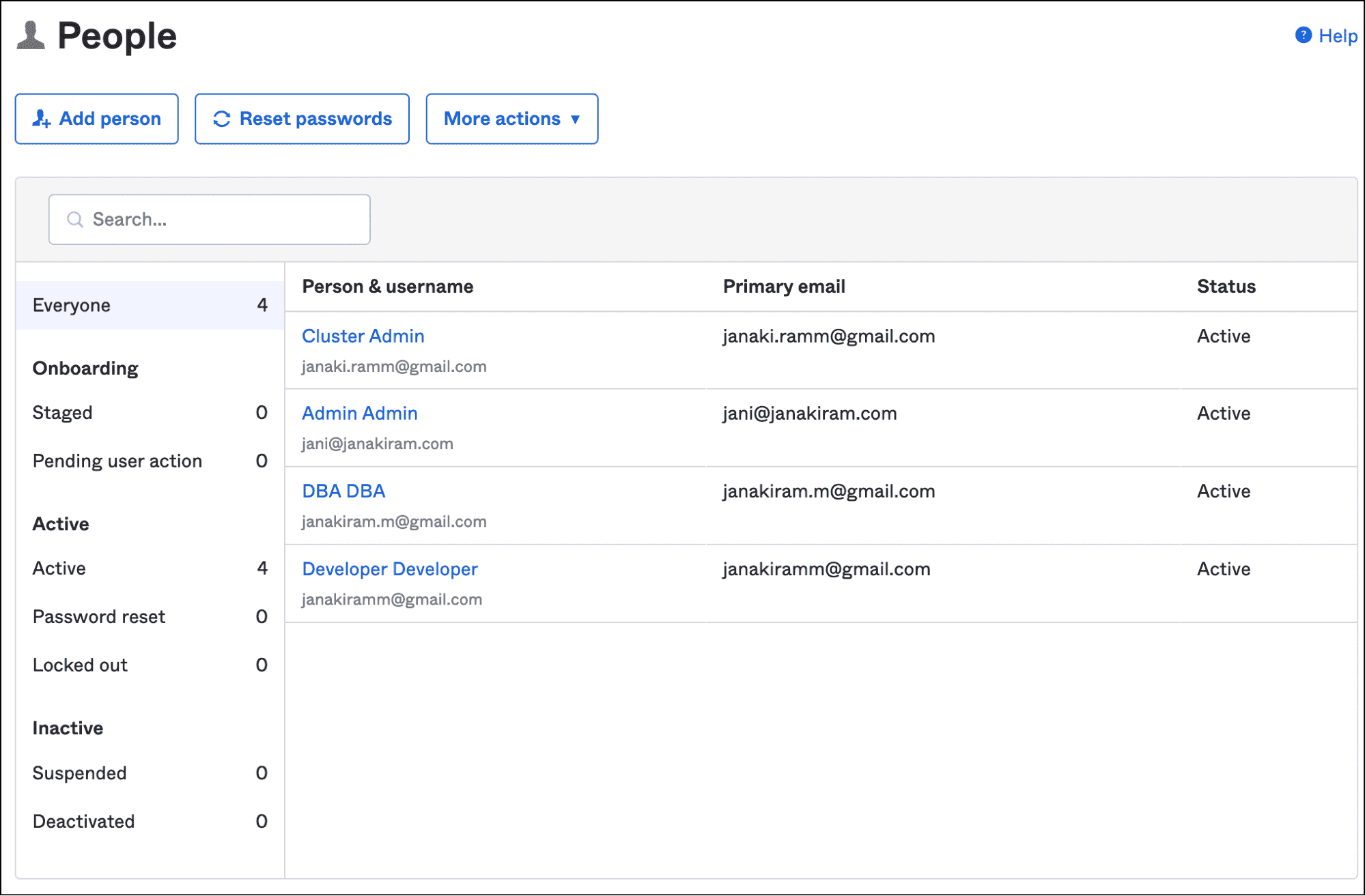 Screenshot: Okta People admin page listing active users with emails and status