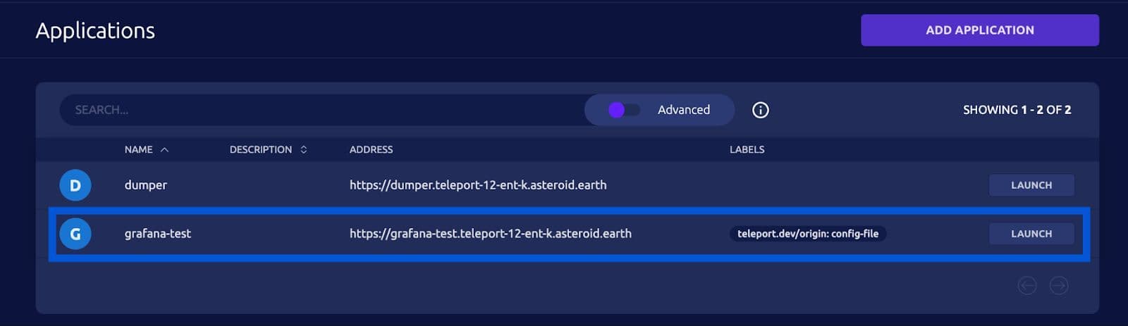 Teleport application dashboard showing two applications with labels and launch buttons.
