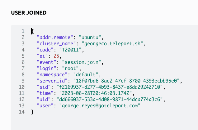 Screenshot: JSON detail view of a "session.join" audit event